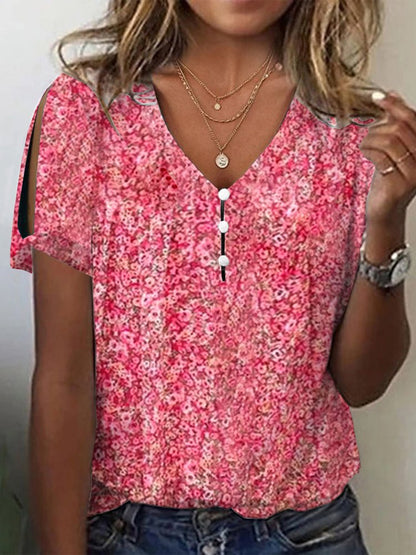 V Neck Floral Buttoned Elegant T-Shirt  cc170 - fabuloryshop