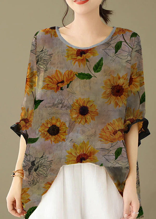 Yellow Print Patchwork Cotton Loose Tops O Neck Summer LY4905 - fabuloryshop