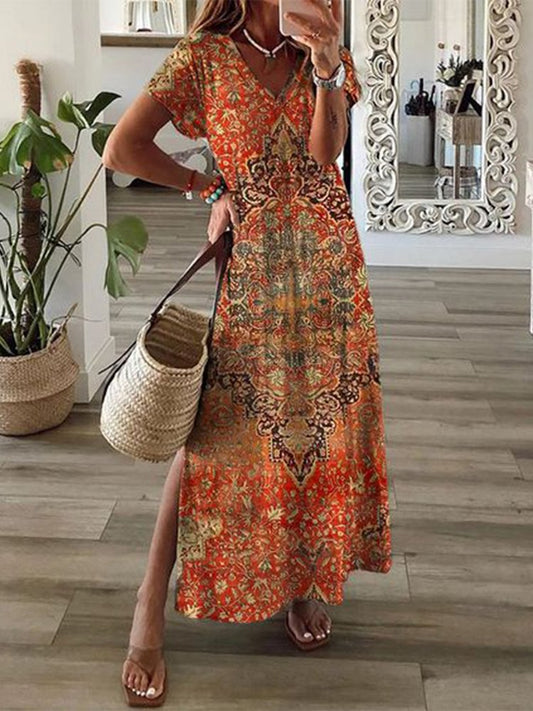 Vintage Ethnic V Neck Loose Dress  QU73 - fabuloryshop