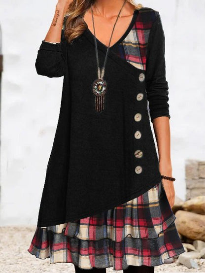 V Neck Geometric Casual Daily Long sleeve A-Line Buttoned Midi Dress  WT118 - fabuloryshop