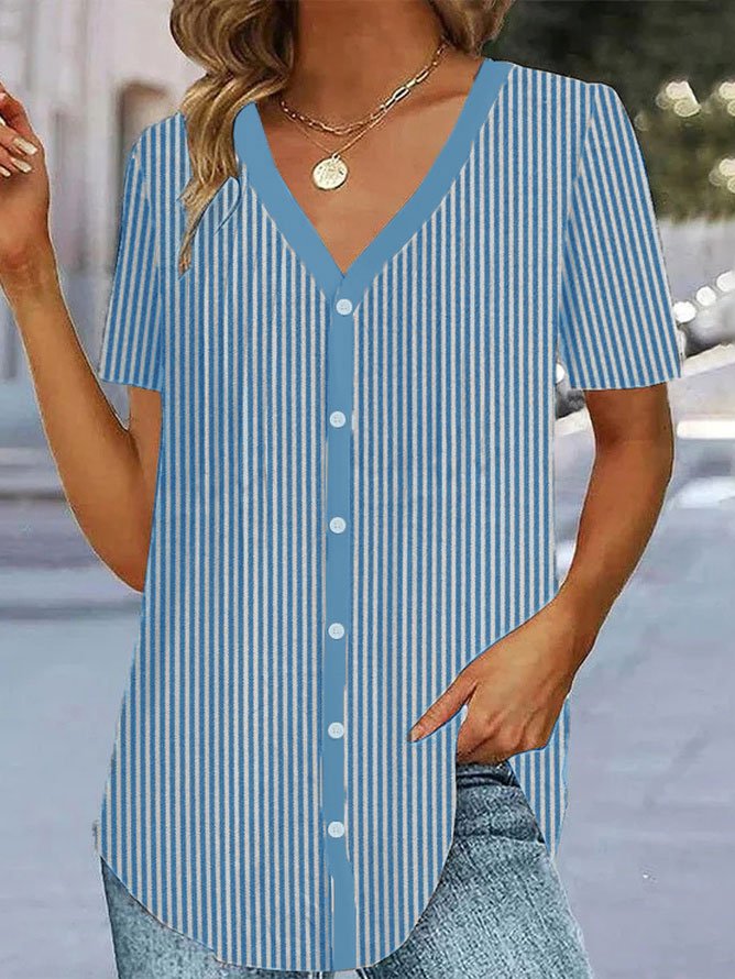 Loose Striped V Neck Casual Blouse  WS70
