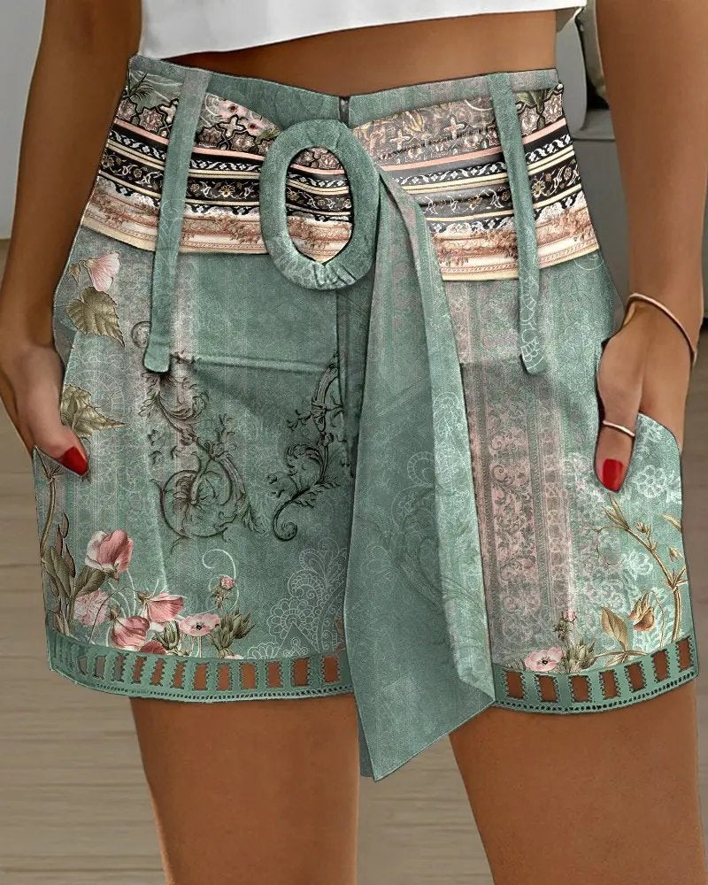 Floral Tribal Print Hollow Out Belted Shorts  WX97