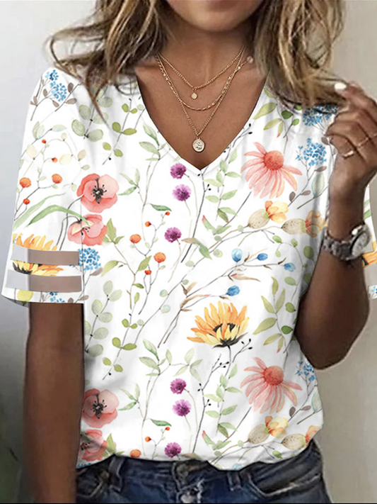 Loose Floral Casual V Neck T-Shirt  WS118 - fabuloryshop