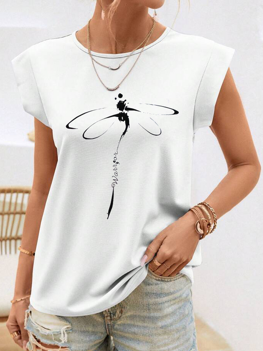 Dragonfly Casual Crew Neck Cotton T-Shirt  WW70 - fabuloryshop