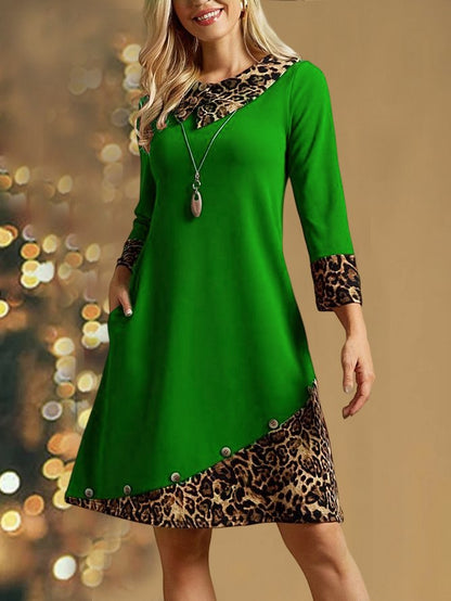 Christmas Urban Color Block Leopard Shawl Collar Loose Midi Dress  WJ120 - fabuloryshop