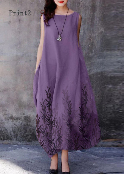 Bohemian Purple O-Neck Exra Large Hem Cotton Dresses Sleeveless LY2607 - fabuloryshop