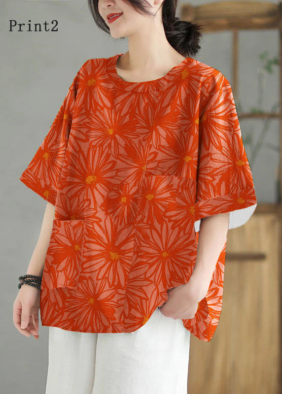 Women Orange O Neck Print Patchwork Linen T Shirt Top Summer LY5281 - fabuloryshop