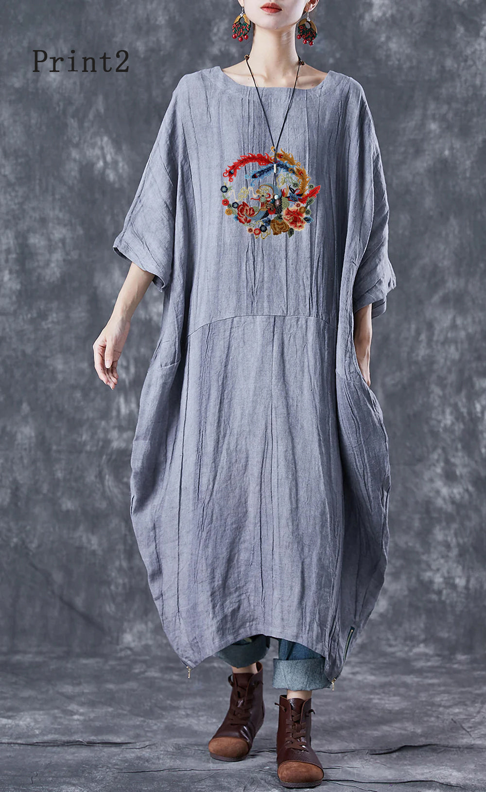 French Grey Oversized Patchwork Linen Dresses Batwing Sleeve Ada Fashion