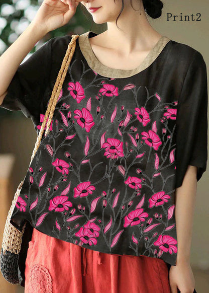 Organic Black Embroideried Low High Design Linen Tanks Short Sleeve TG1014 - fabuloryshop