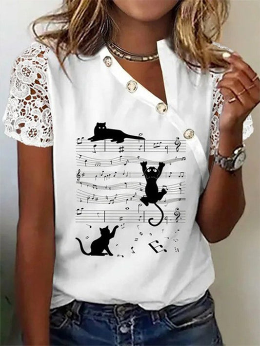 Cat Lace Short Sleeve Buckle Asymmetrical Collar Casual Shirt  QH77 - fabuloryshop