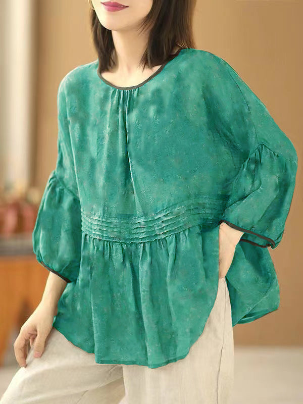 Handmade Green O Neck Print Wrinkled Patchwork Cotton Top Summer LY5302 - fabuloryshop