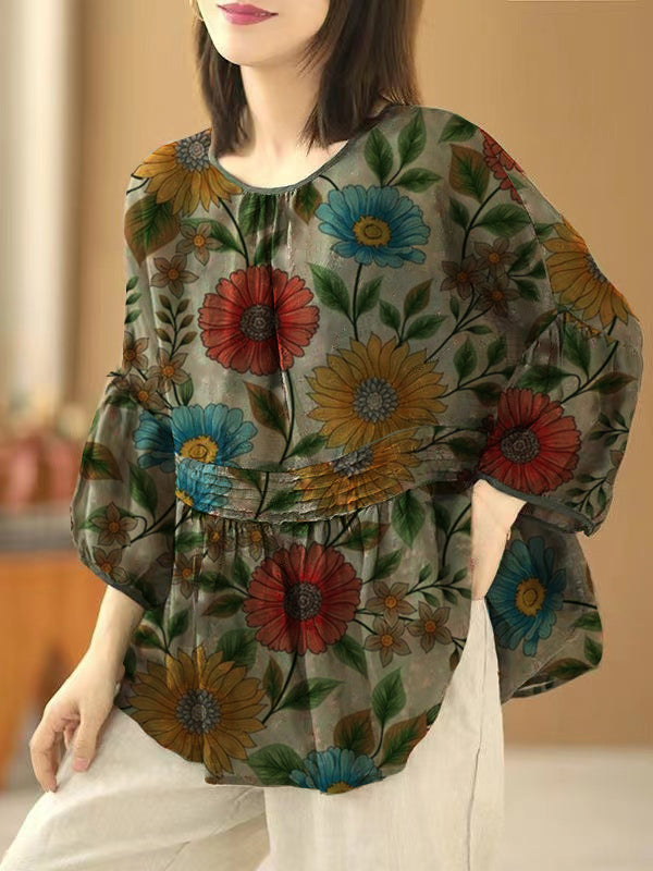 Handmade Green O Neck Print Wrinkled Patchwork Cotton Top Summer LY5302 - fabuloryshop