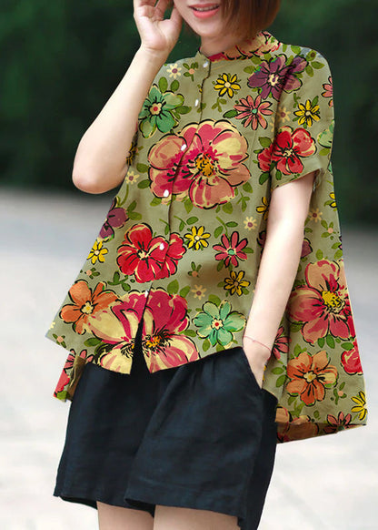 Yellow Dot Print Patchwork Linen Top Button Stand Collar Summer LY6172 - fabuloryshop