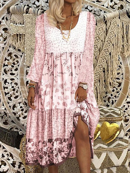 Floral Printed Long Sleeves Sweet Boho Weaving Dress  WE117 - fabuloryshop