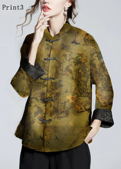 Chinese Style Print2 Stand Collar Button Print Silk Coats Long Sleeve Ada Fashion