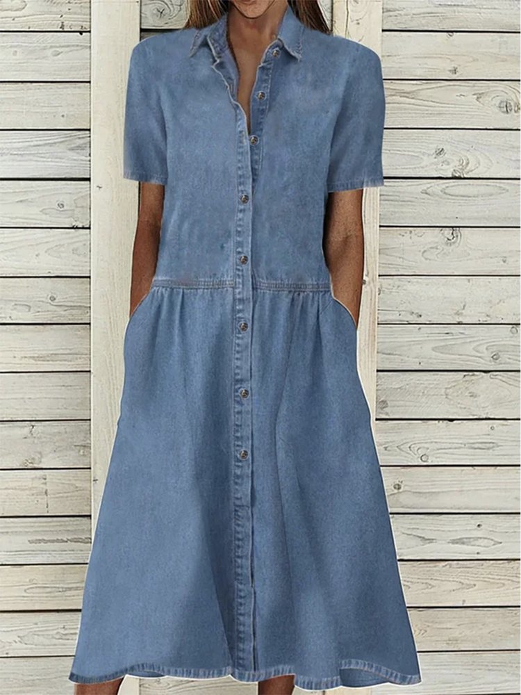 Solid Casual Denim Lapel Short Sleeve Woven Dress  WL90 - fabuloryshop