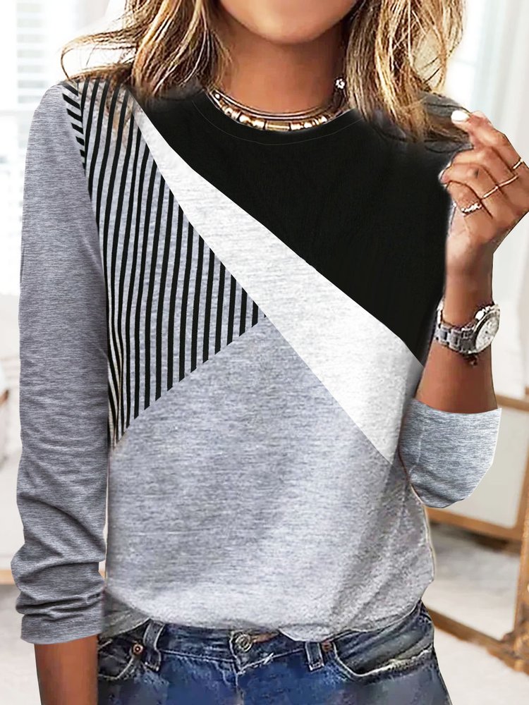 Striped Patchwork Contrast Printed Casual Long-sleeve T-shirt  QH104 - fabuloryshop