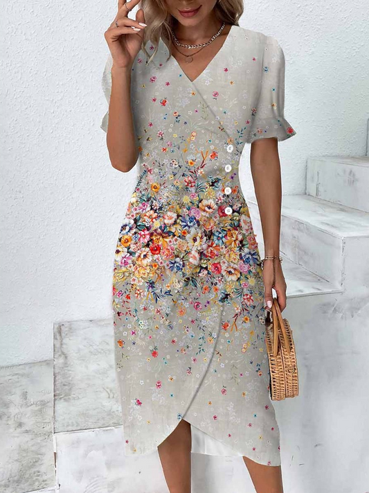 Buckle V Neck Casual Floral Dress  WL114 - fabuloryshop