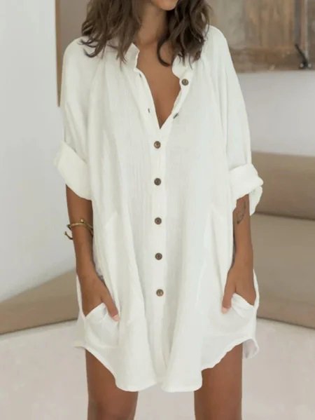 Vintage Half Sleeve Linen Plain Dress  WO102