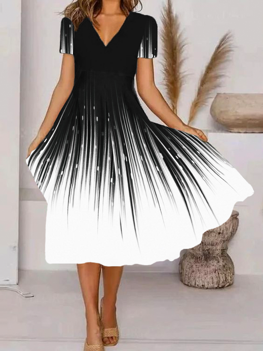 V Neck Casual Abstract Printed Short Sleeve Dress  QA48 - fabuloryshop