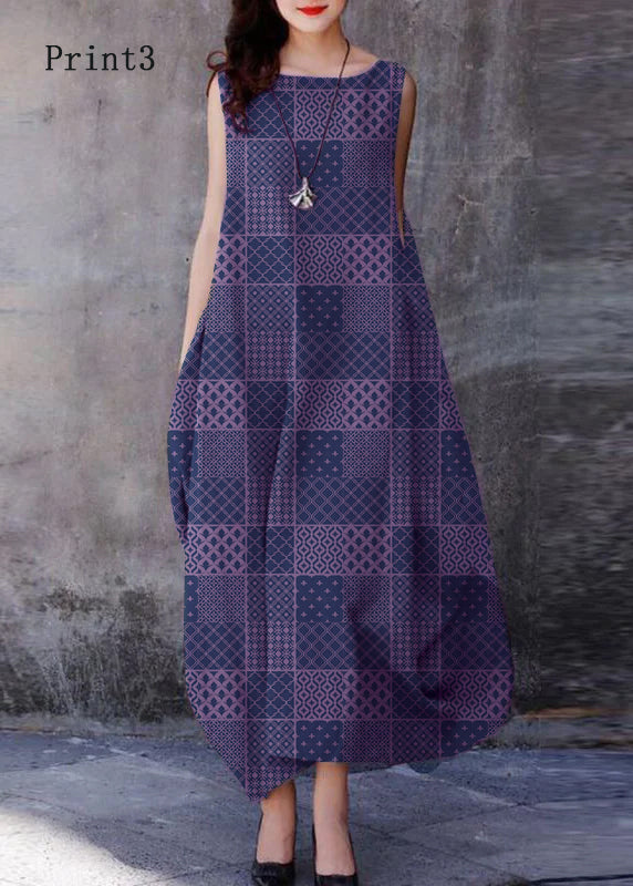 Bohemian Purple O-Neck Exra Large Hem Cotton Dresses Sleeveless LY2607 - fabuloryshop
