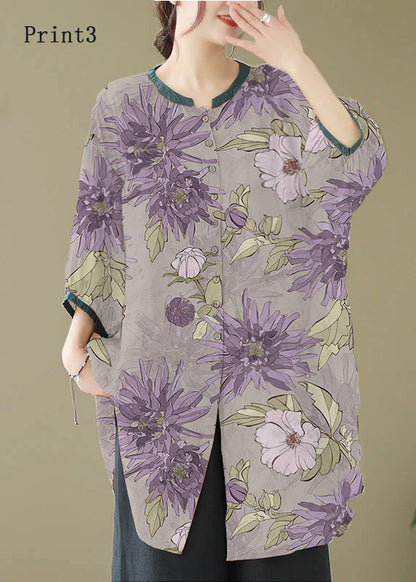 Khaki Print Linen Shirt Dresses O-Neck Oversized Lantern Sleeve LY4909 - fabuloryshop