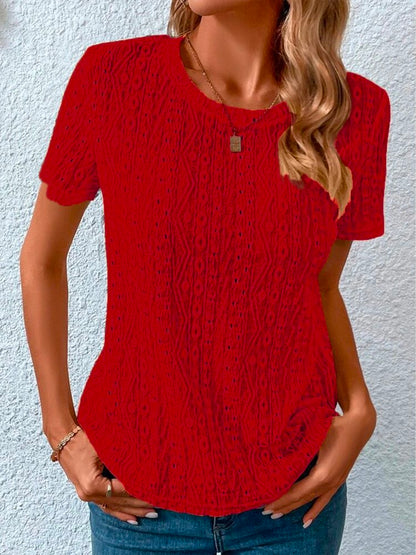 Loose Casual Crew Neck Solid Eyelet Embroidery Round Neck Tee  mm242 - fabuloryshop