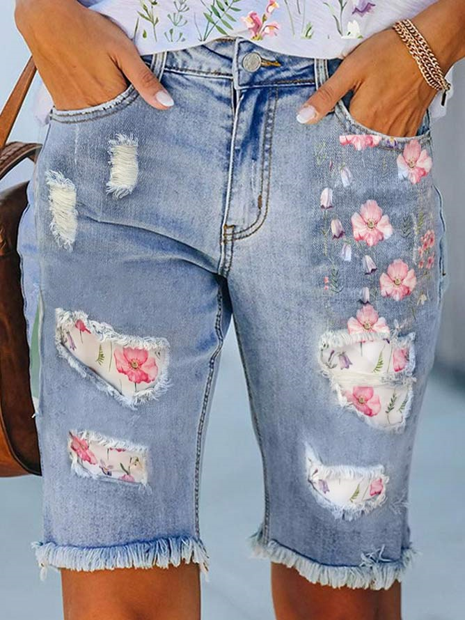 Floral Denim Loose Casual Denim Shorts  QB119 - fabuloryshop