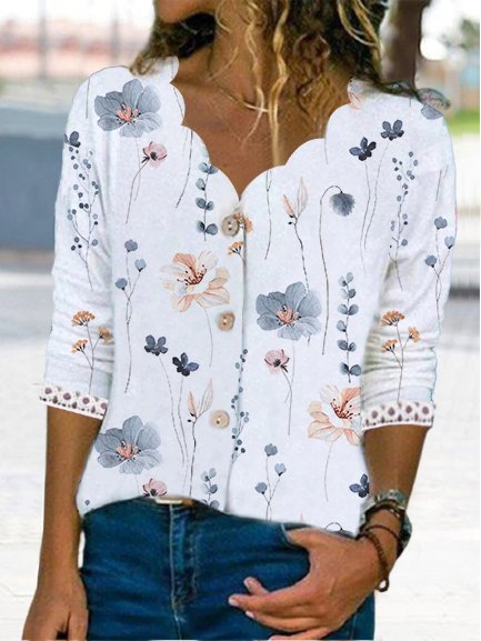 Floral Loose V Neck Knitted Casual Shirt  QV84 - fabuloryshop