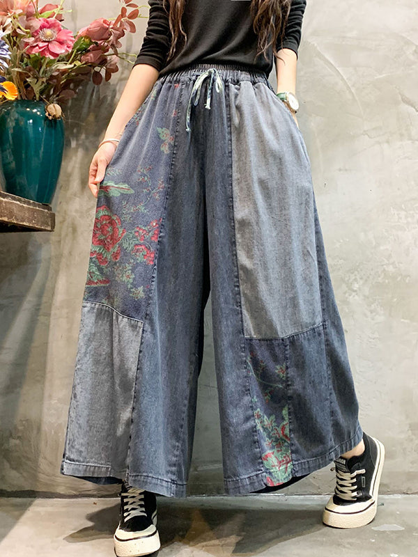 Color-Block Bandage Embroidered Wide Leg Denim Pants LY3924 - fabuloryshop