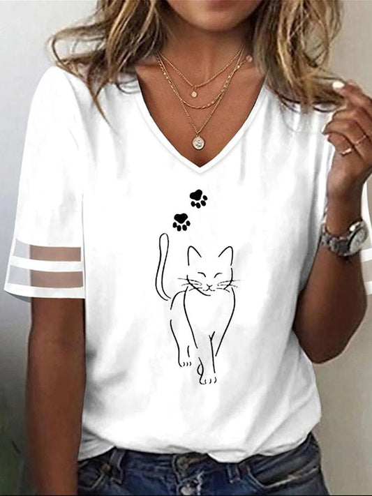 V Neck Casual Loose Cat T-Shirt  WS111 - fabuloryshop