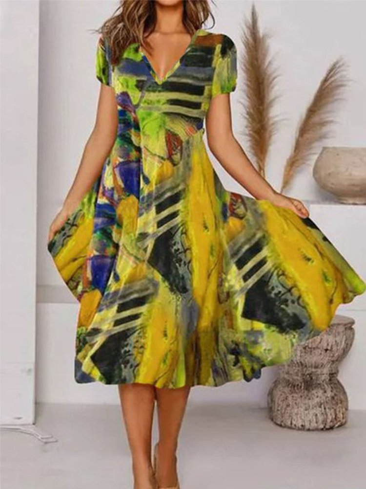 Women&#x27;s vacation dress Tropical Print Casual Floral Vacation V Neck Midi Hawaiian Dress  WO89 - fabuloryshop