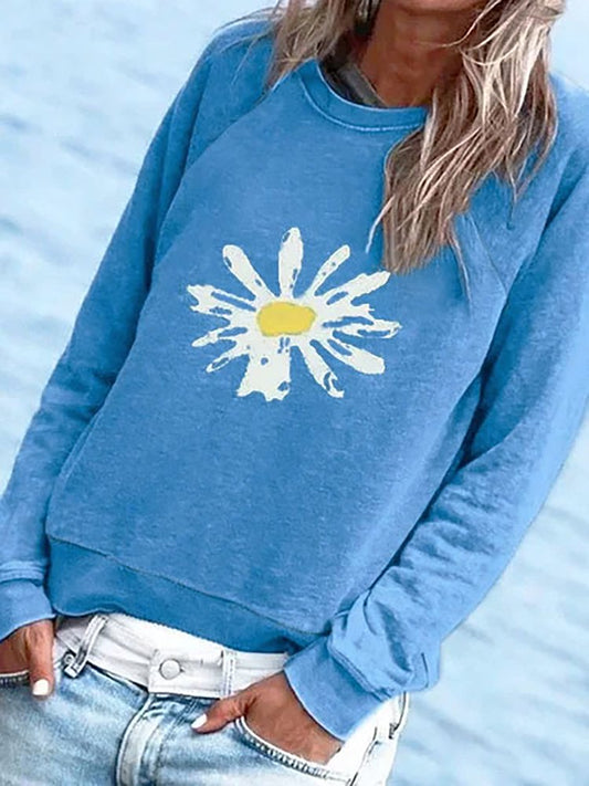 Round Neck Sunflower Floral Casual Long Sleeve Top Sweatshirt  QV63 - fabuloryshop