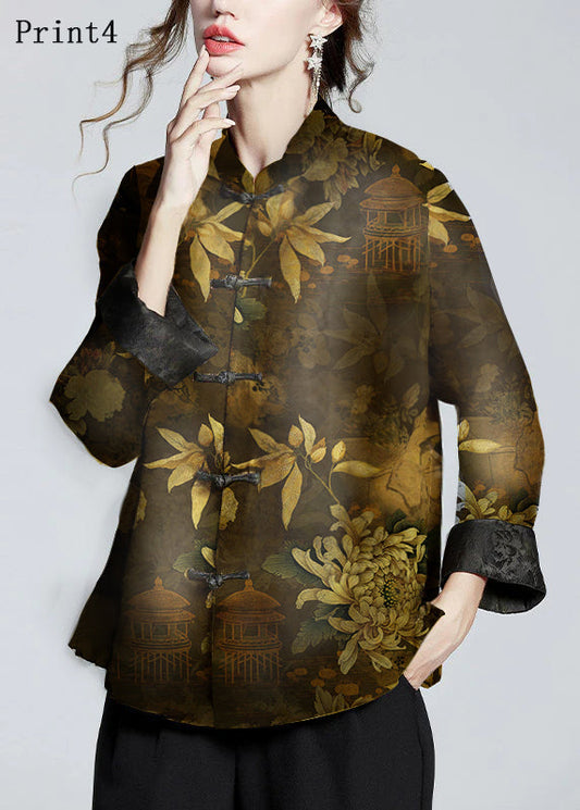 Chinese Style Print4 Stand Collar Button Print Silk Coats Long Sleeve Ada Fashion