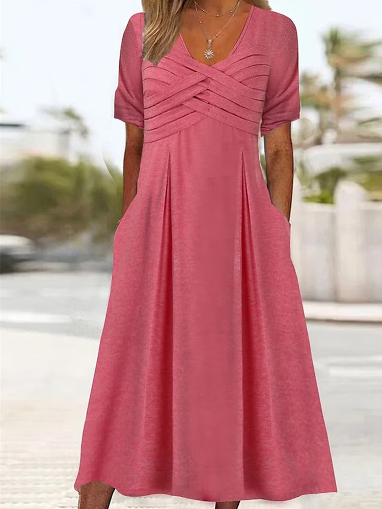 Plain V Neck Loose Casual Plain Pocket Knot Front Dress  QM72 - fabuloryshop