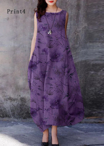 Bohemian Purple O-Neck Exra Large Hem Cotton Dresses Sleeveless LY2607 - fabuloryshop