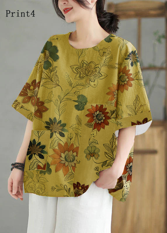 Women Orange O Neck Print Patchwork Linen T Shirt Top Summer LY5281 - fabuloryshop