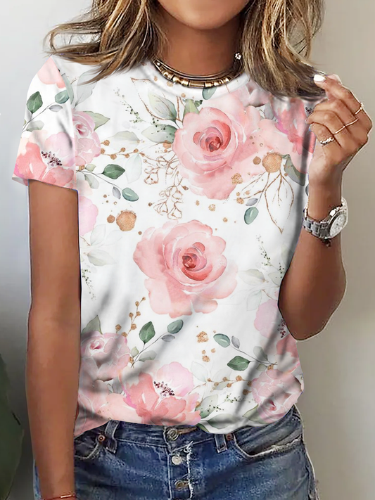 Women&#x27;s Rose Print Crew Neck Floral Casual T-Shirt  cc206 - fabuloryshop