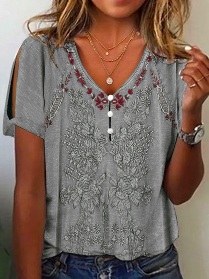 Casual V Neck Ethnic Buttoned Shirt  QH66 - fabuloryshop