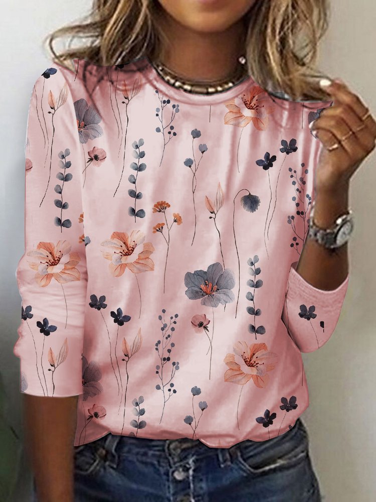 Country Floral Casual Crewneck Knit T-Shirt  QR106 - fabuloryshop