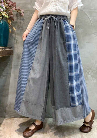 Casual Drawstring Elasticity Plaid Split-Joint Ninth Denim Pants LY3920 - fabuloryshop