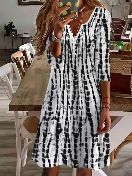 V Neck Geometric Casual Autumn Natural Daily A-Line Dress  QPQ104 - fabuloryshop