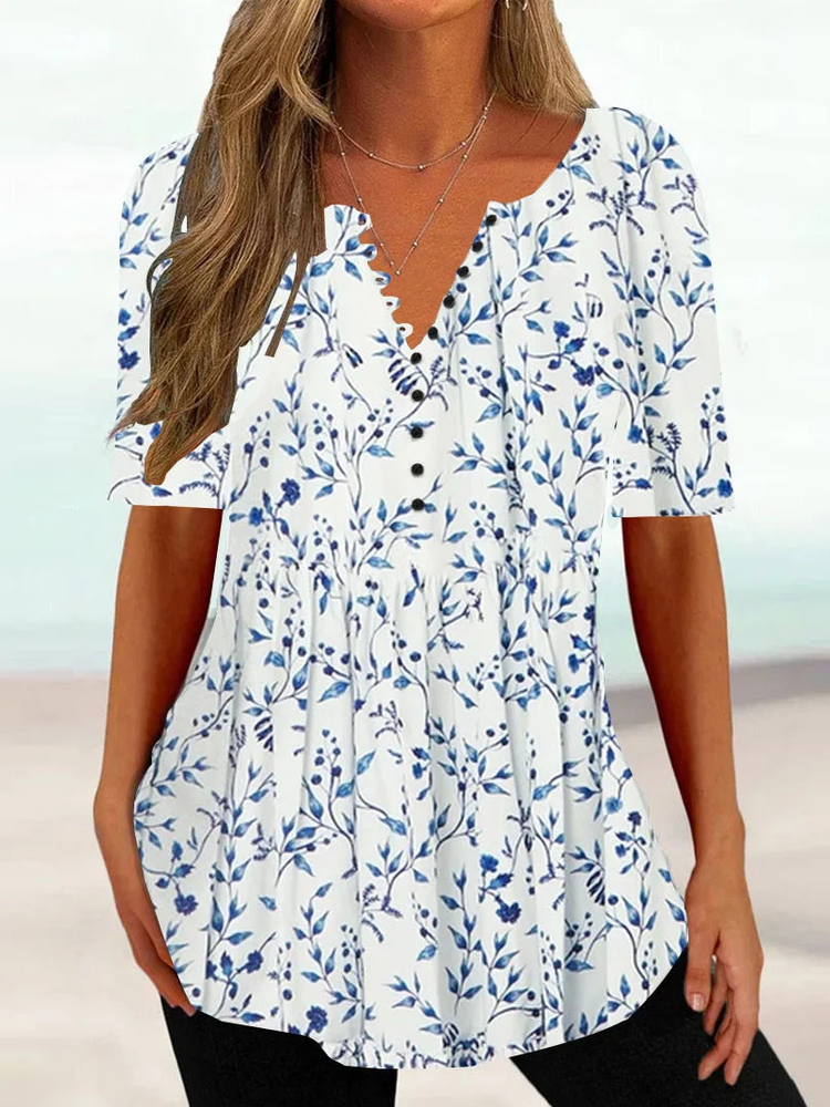 Women&#x27;s Summer Tunics V Neck Regular Fit Casual Floral Shirt  mm247 - fabuloryshop