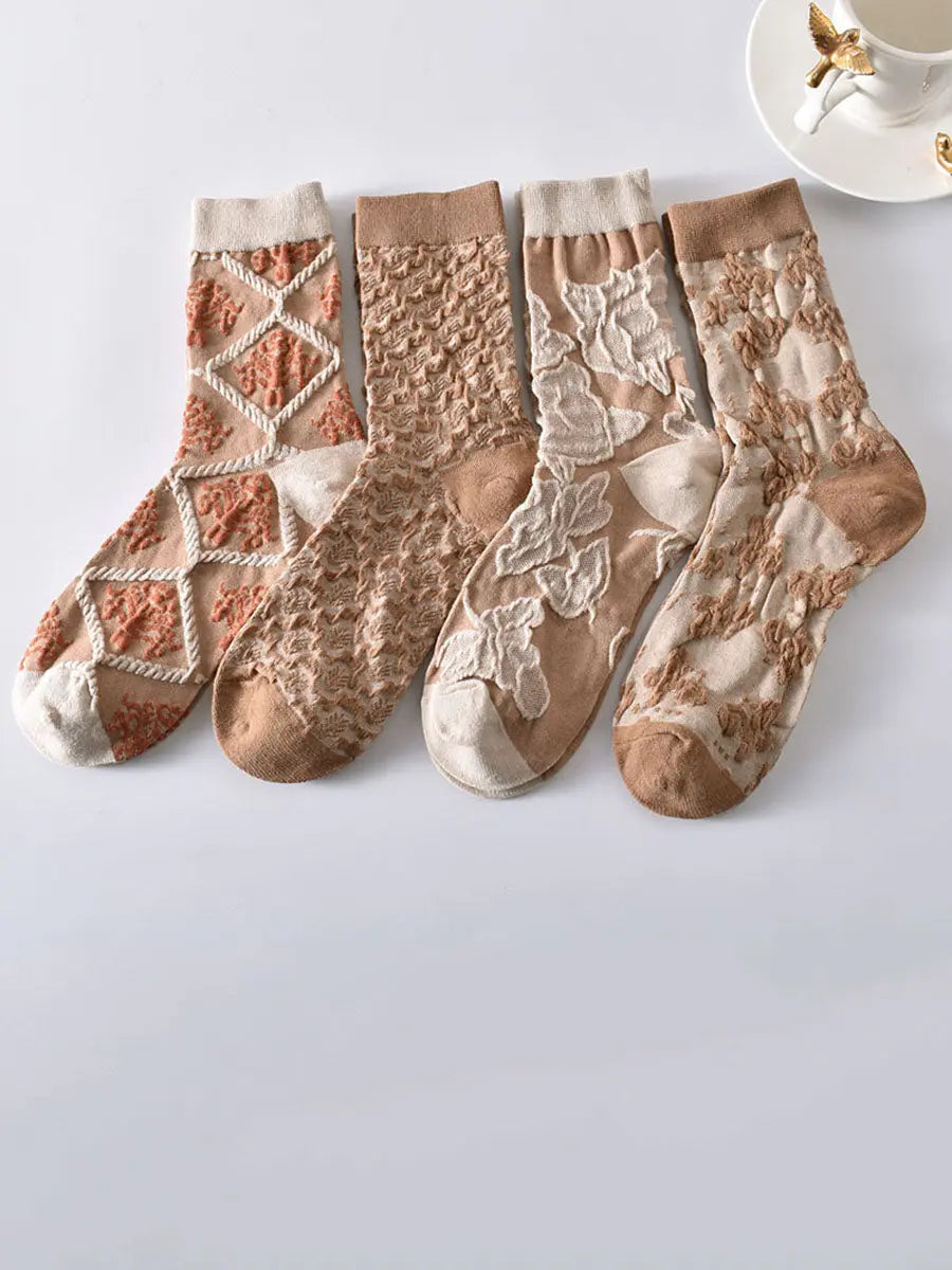 5 Pairs Artsy Flower Rhomboids Jacquard Cotton Socks Ada Fashion