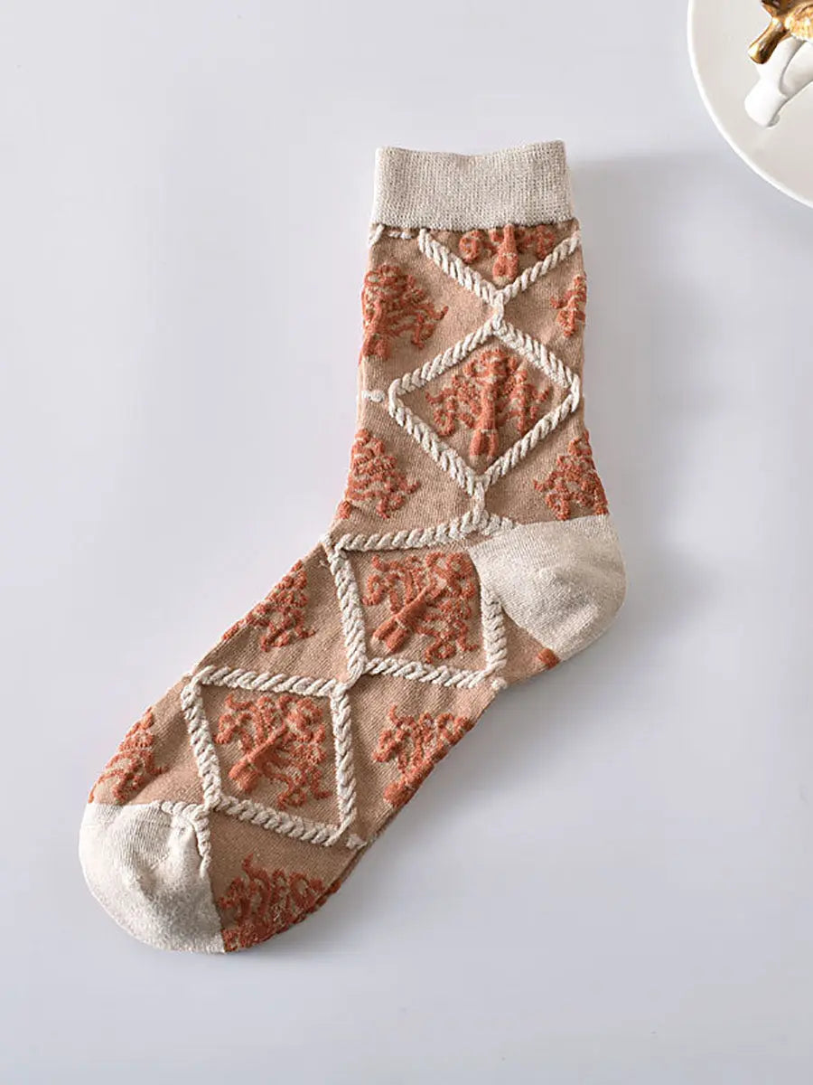 5 Pairs Artsy Flower Rhomboids Jacquard Cotton Socks Ada Fashion