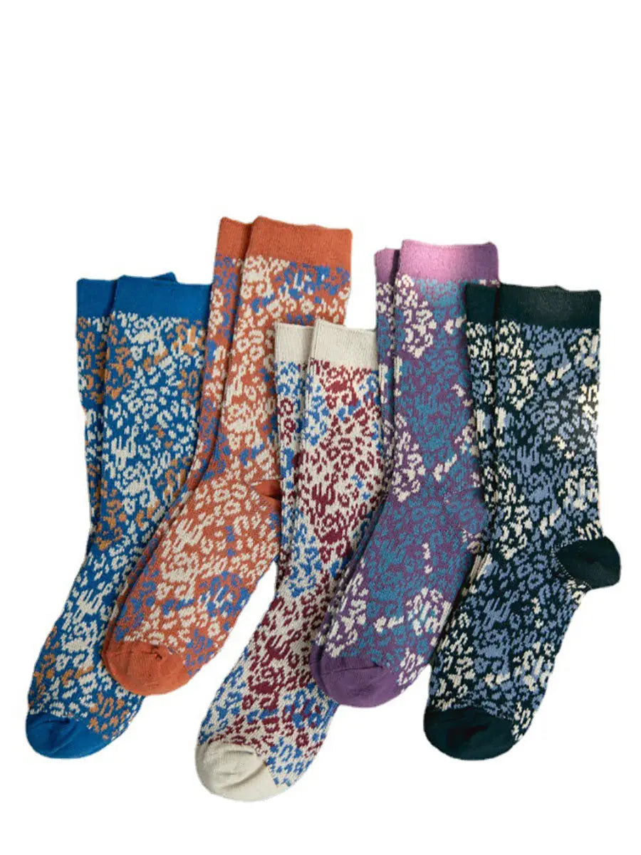 5 Pairs Women Autumn Leopard Print Socks Ada Fashion