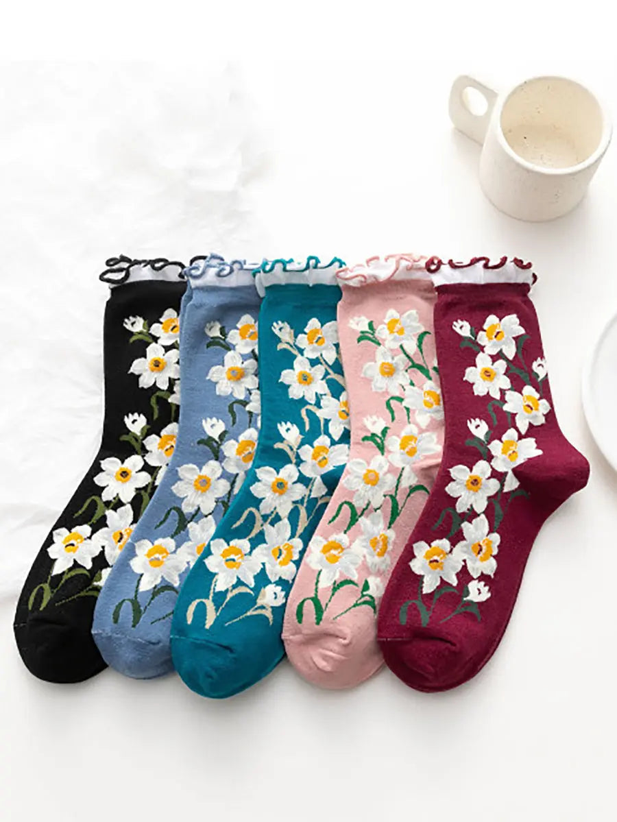 5 Pairs Women Flower Artsy Lacework Socks Ada Fashion