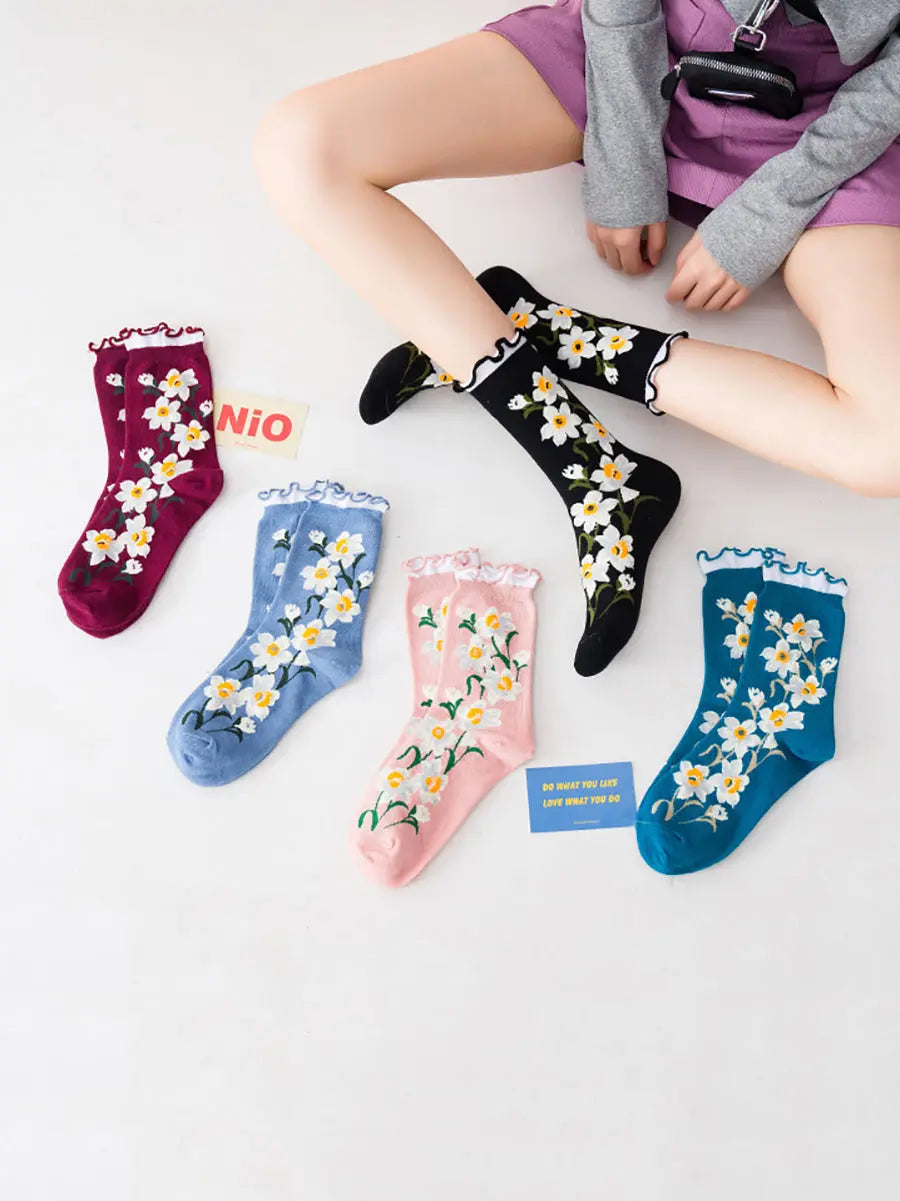 5 Pairs Women Flower Artsy Lacework Socks Ada Fashion