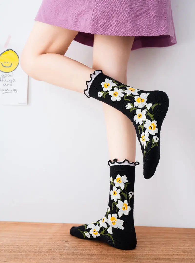 5 Pairs Women Flower Artsy Lacework Socks Ada Fashion