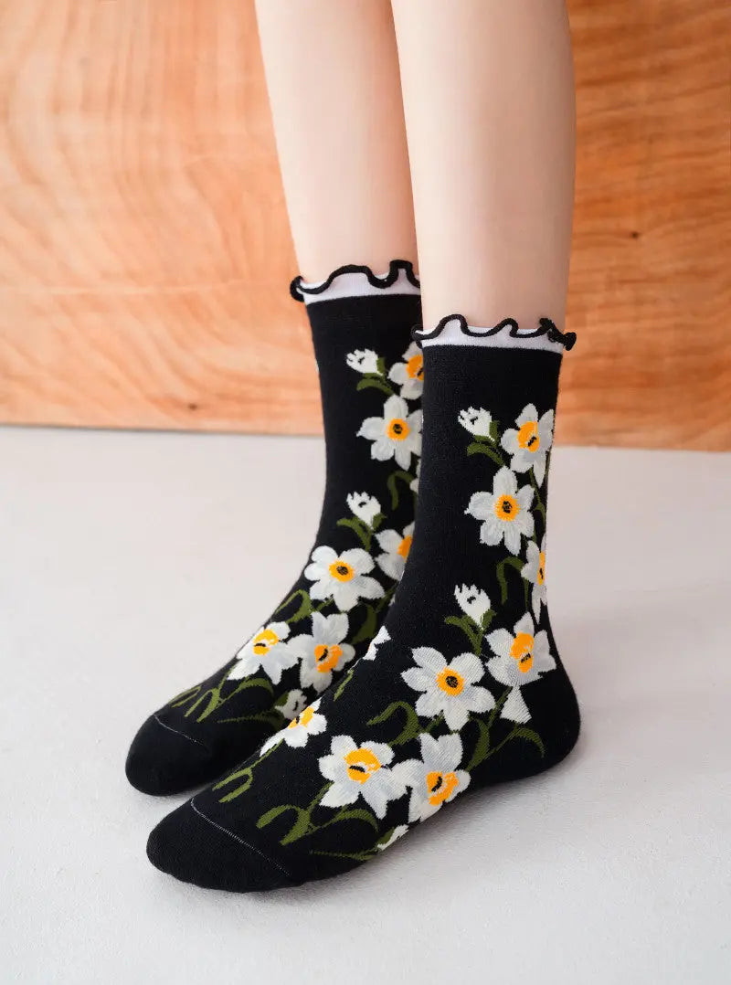 5 Pairs Women Flower Artsy Lacework Socks Ada Fashion